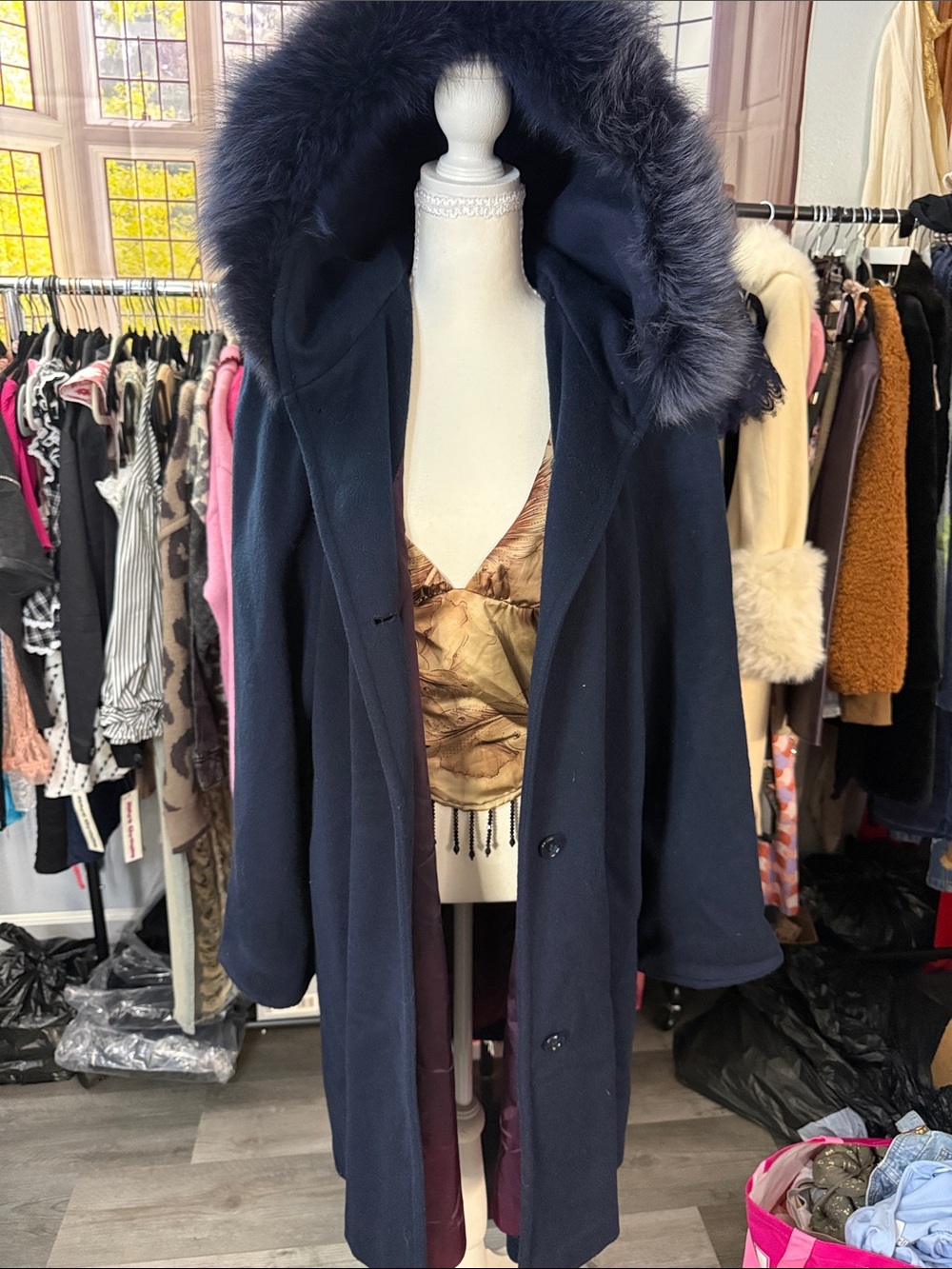 VTG Deep Plum Grunge Hooded Wool-Blend Coat with Faux Fur Trim Made in USA!